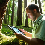 **Environmental Data Analysis:** A technician meticulously examines soil samples in a lush forest, using a tablet displaying geospatial data and statistical analysis. Sunlight filters through the canopy, highlighting the tools and the technician's focused expression.