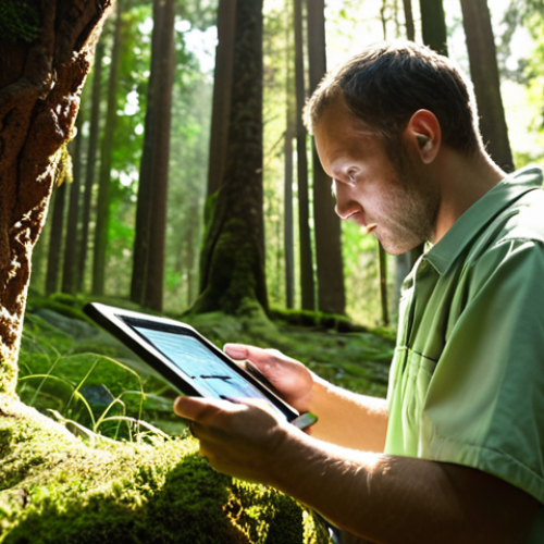 **Environmental Data Analysis:** A technician meticulously examines soil samples in a lush forest, using a tablet displaying geospatial data and statistical analysis. Sunlight filters through the canopy, highlighting the tools and the technician's focused expression.