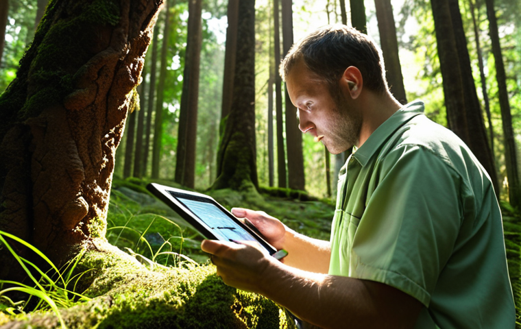 **Environmental Data Analysis:** A technician meticulously examines soil samples in a lush forest, using a tablet displaying geospatial data and statistical analysis. Sunlight filters through the canopy, highlighting the tools and the technician's focused expression.