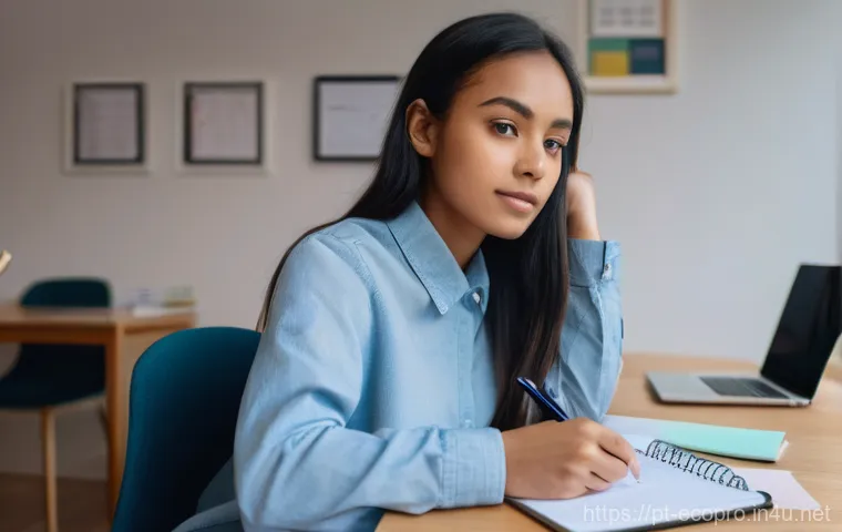 환경보전기술자 실기 시험 준비 체크리스트 - A focused young woman, around 20-25 years old, with diverse ethnicity, sits at a clean, well-lit stu...
