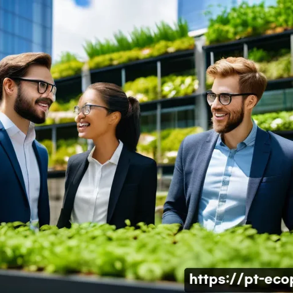 환경보전기술자 이직 성공 사례 - A vibrant, optimistic scene depicting a diverse group of professionals from various fields (e.g., ma...