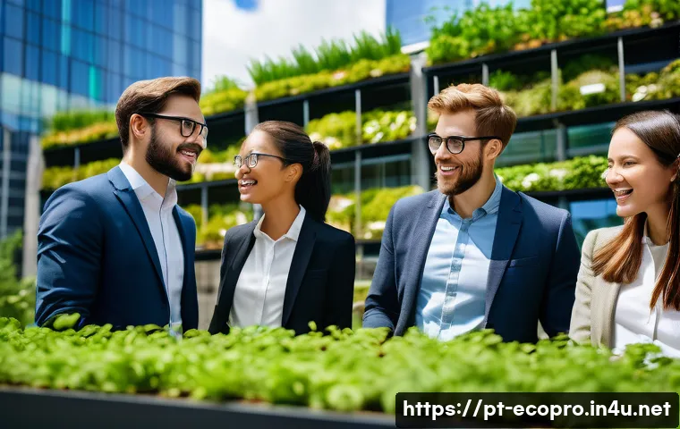 환경보전기술자 이직 성공 사례 - A vibrant, optimistic scene depicting a diverse group of professionals from various fields (e.g., ma...