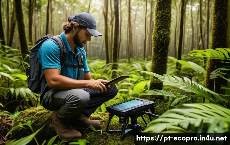 환경보전기술자 직무 분석 - A skilled environmental conservation technician wearing practical outdoor clothing and sturdy boots,...