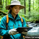 환경보전기술자 자격증 학습 자료 - A professional environmental conservation technician wearing appropriate field attire including a wi...