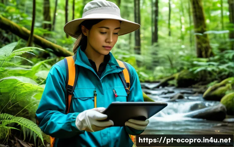 환경보전기술자 자격증 학습 자료 - A professional environmental conservation technician wearing appropriate field attire including a wi...