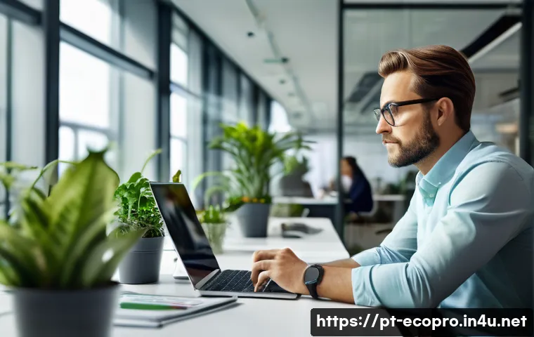 환경보전기술자 이직 후 경험담 - A professional environmental consultant in a modern corporate office setting, wearing smart casual a...