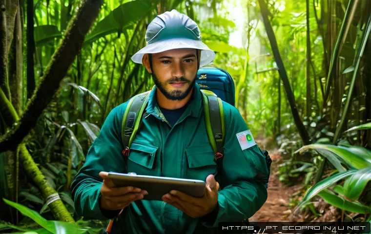 환경보전기술자 시험 출제 경향 - A detailed scene of an environmental technician in Brazil wearing appropriate field gear and safety ...