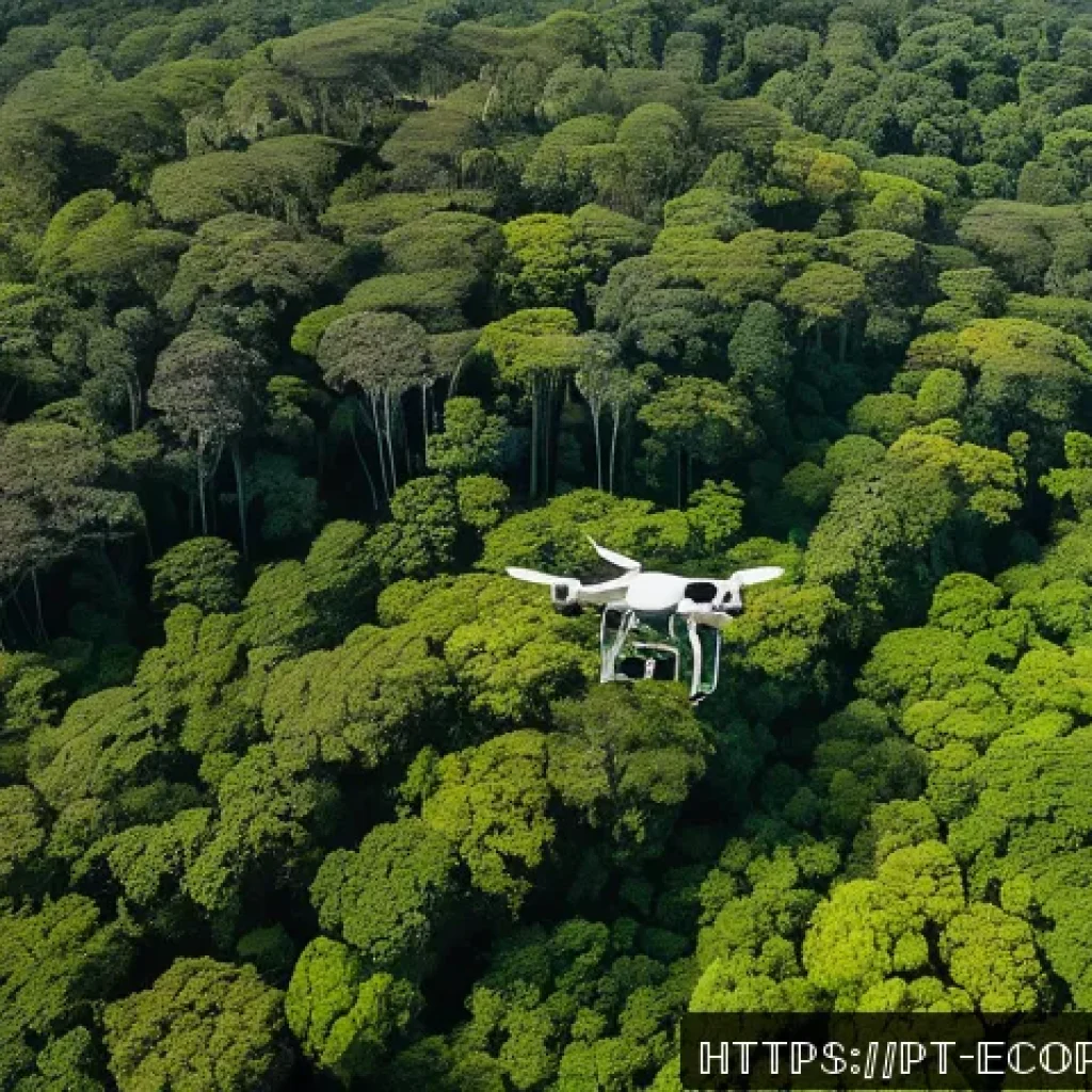 환경보전기술자 직무 성공 사례 - A high-resolution aerial view of a dense tropical forest in Brazil being monitored by an advanced dr...