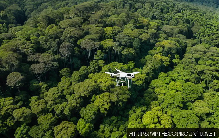 환경보전기술자 직무 성공 사례 - A high-resolution aerial view of a dense tropical forest in Brazil being monitored by an advanced dr...