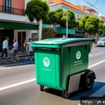 Home 21 환경보전기술자 실무 활용 예시 - A vibrant Brazilian urban street scene showcasing smart waste collection technology: modern trash bi...