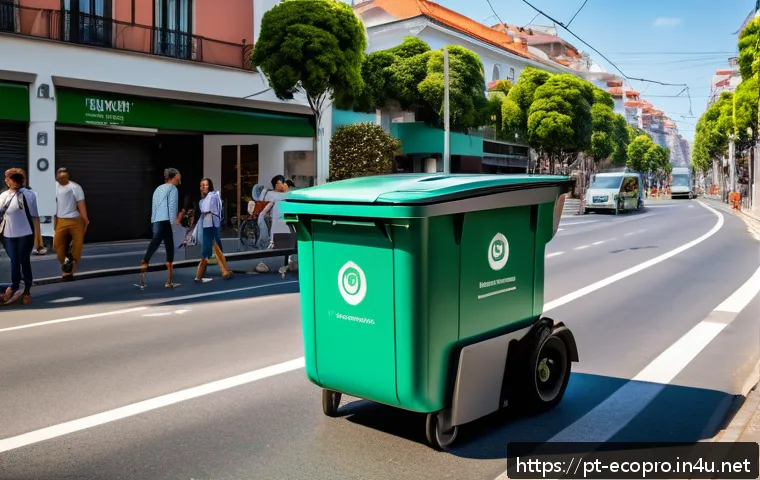 환경보전기술자 실무 활용 예시 - A vibrant Brazilian urban street scene showcasing smart waste collection technology: modern trash bi...