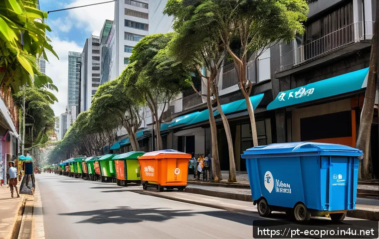 환경보전기술자 실무 경험 사례 - A bustling urban street scene in São Paulo, Brazil, featuring smart IoT sensors attached to colorful...