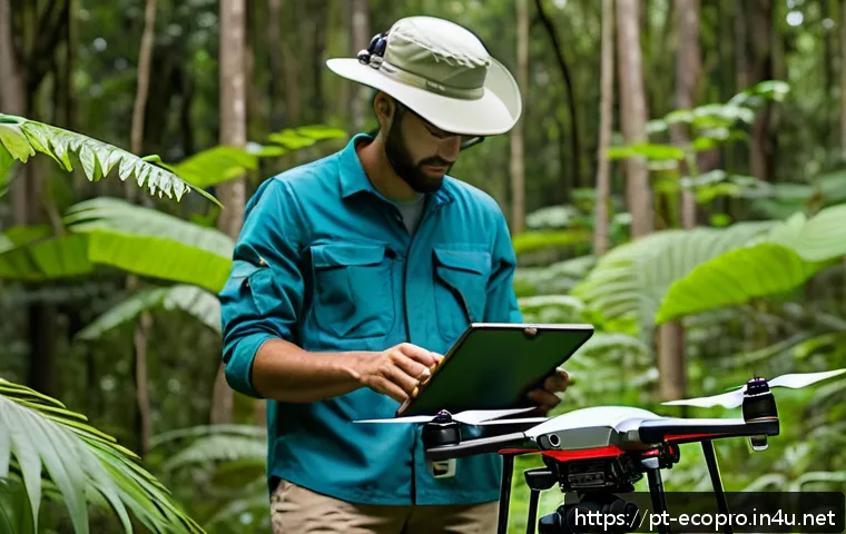 환경보전기술자 직무 수행의 핵심 - A professional environmental technician operating a drone over a dense tropical forest in Brazil, ca...