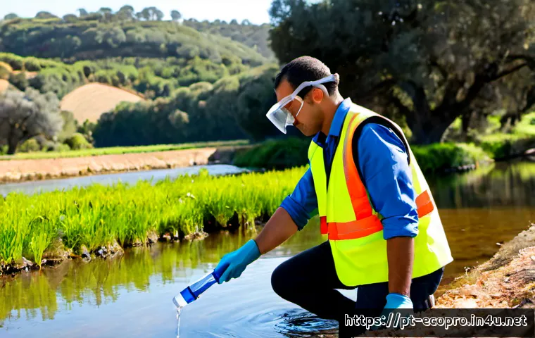 Home 17 환경보전기술자 실기 시험 과목 - Photorealistic environmental technician practical examination scene in Portugal, an adult trainee we...