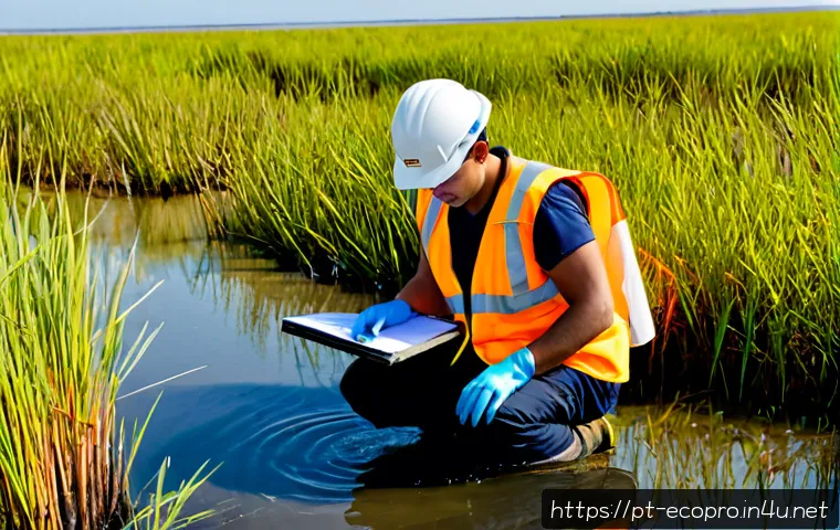 환경보전기술자 직무 환경 분석 - Photorealistic environmental conservation technician in a modern Portuguese coastal wetland reserve,...