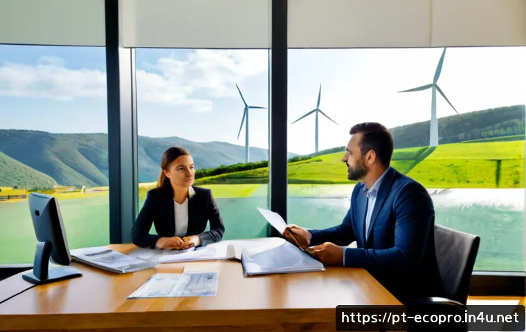 환경보전기술자 연봉 협상 시 고려할 점 - Photorealistic salary negotiation meeting in a modern Portuguese environmental consulting office, co...