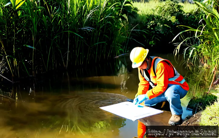 Home 17 환경보전기술자 직무 능력 향상 방법 - Photorealistic environmental conservation technician in Brazil attending hands-on wetland restoratio...